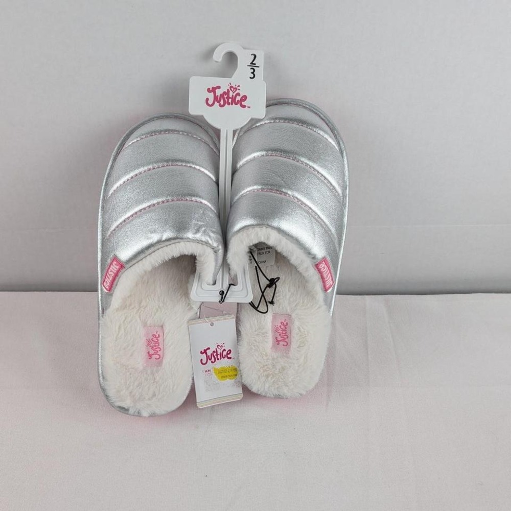 NEW JUSTICE GIRLS SILVER AND PINK SLIPPERS 2/3
